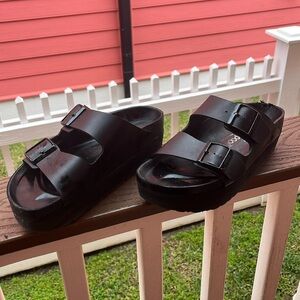Black leather Papillo platforms Birkenstocks